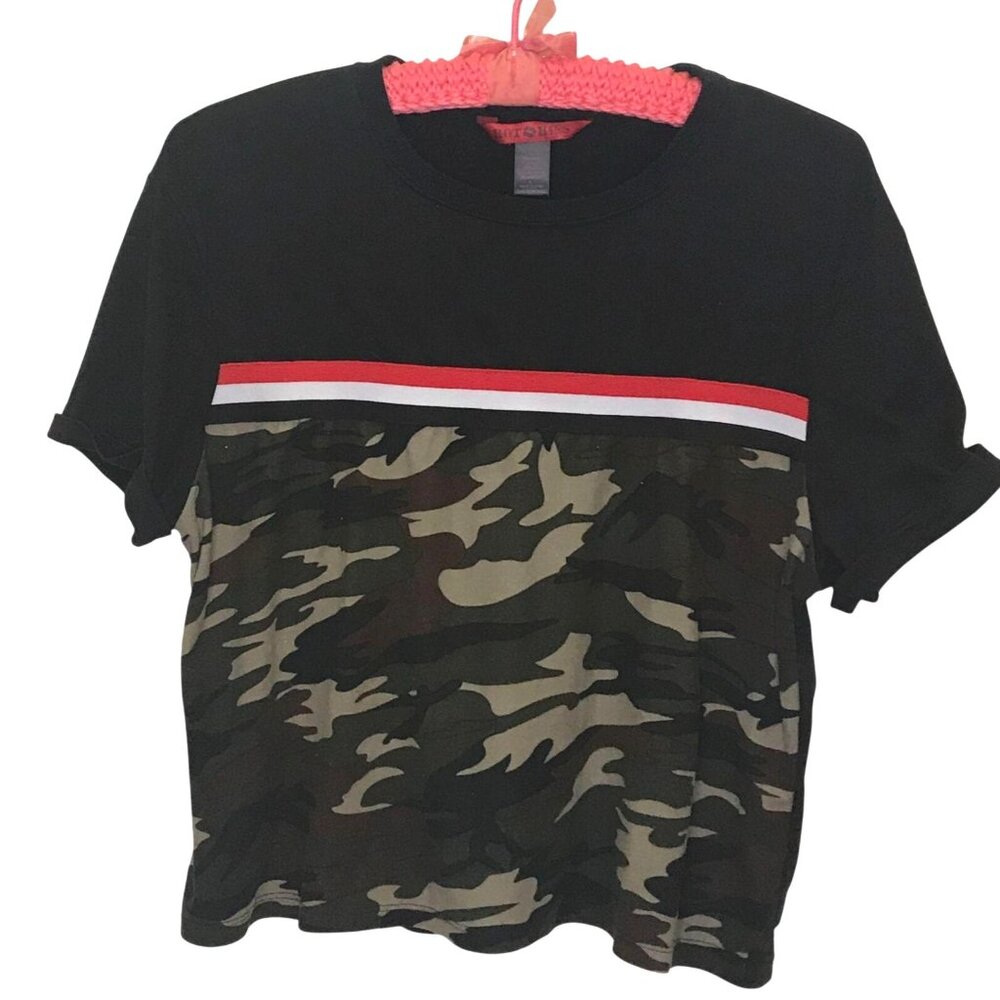 Hot Kiss Crop Tee Camouflage Short Sleeve Top Black Brown Red Casual tshirt Sz M